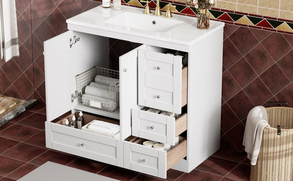 English Elm 36 36" Modern Shaker Bathroom Vanity with Ceramic Sink, Soft-Close Drawers & Doors, Durable Handles White N729P288872K