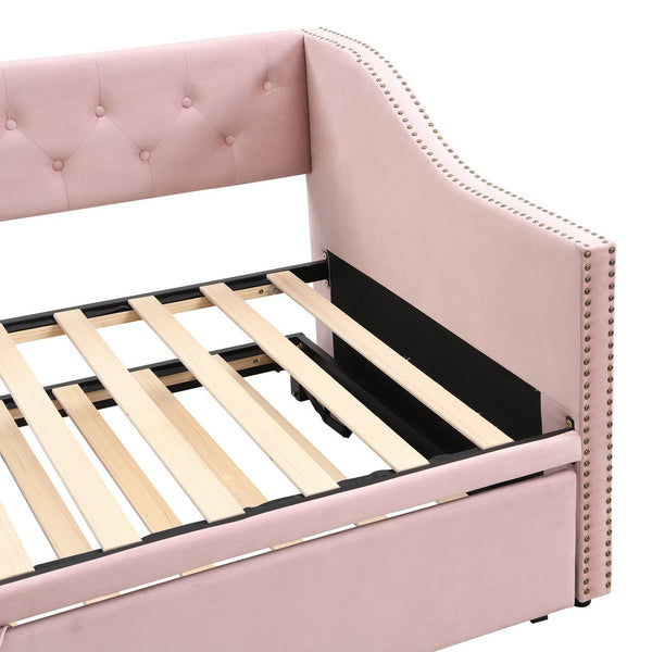 English Elm Twin Upholstered Daybed with Pop-Up Trundle, Space-Saving Guest Bed with Slats, Hydraulic Wheels, 81.9" L Pink SF000133AAH