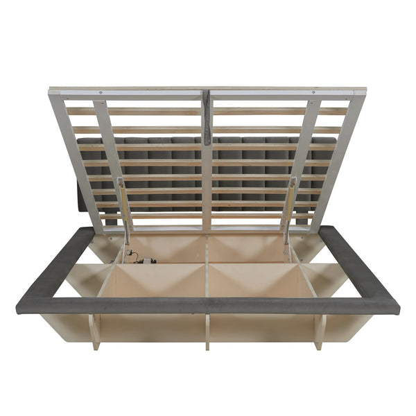 English Elm Queen Upholstered Floating Bed with LED Lighting, Hydraulic Lift, 4 Storage Drawers, Velvet Luxury Gray SF000132AAE