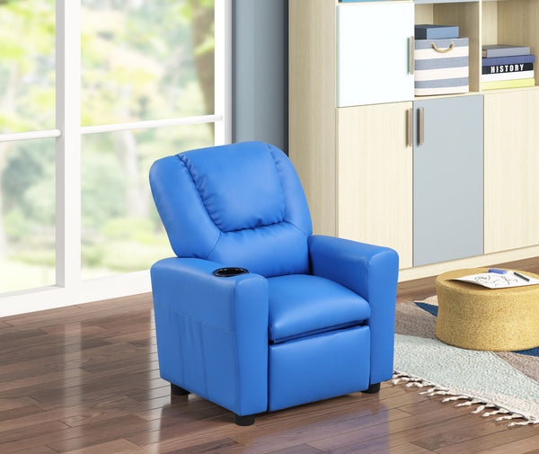English Elm Carisa Youth Pu Leather Recliner Chair with Cupholder for Playroom or Bedroom Blue B2749P413219