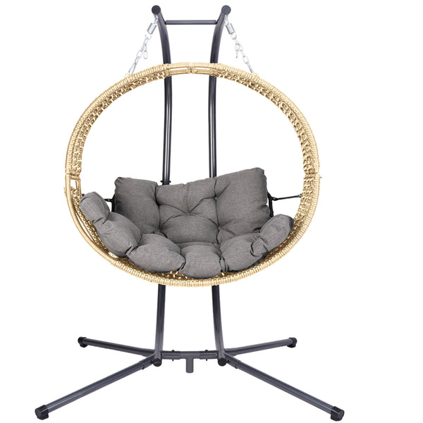 English Elm Double Hanging Egg Chair with Stand — Oversized 2-Person Wicker Rattan Swing, 700lb Capacity, Convertible Recliner W2500P290325