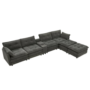 English Elm 154" Corduroy U-shaped Sectional with Ottomans Six Seat Modular Cloud Sofa Usb Console Grey W1998S00103