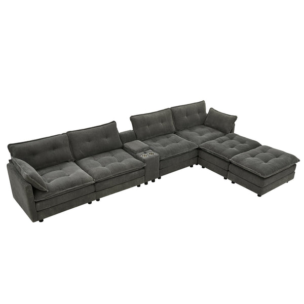 English Elm 154" Corduroy U-shaped Sectional with Ottomans Six Seat Modular Cloud Sofa Usb Console Grey W1998S00103