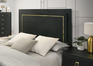 English Elm Contemporary Queen Bedroom Set Matte Black Wood Gold Legs Led Headboard Nightstands B2741S00157