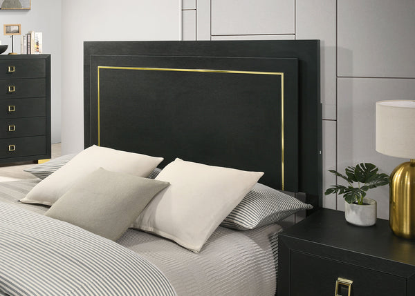 English Elm Contemporary Queen Bedroom Set Matte Black Wood Gold Legs Led Headboard Nightstands B2741S00157