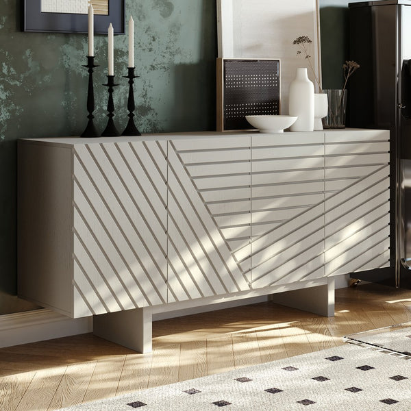 English Elm 63''wide White Sideboard Geometric Groove Mdf Four Door Cabinet for Dining Room T3609P485929