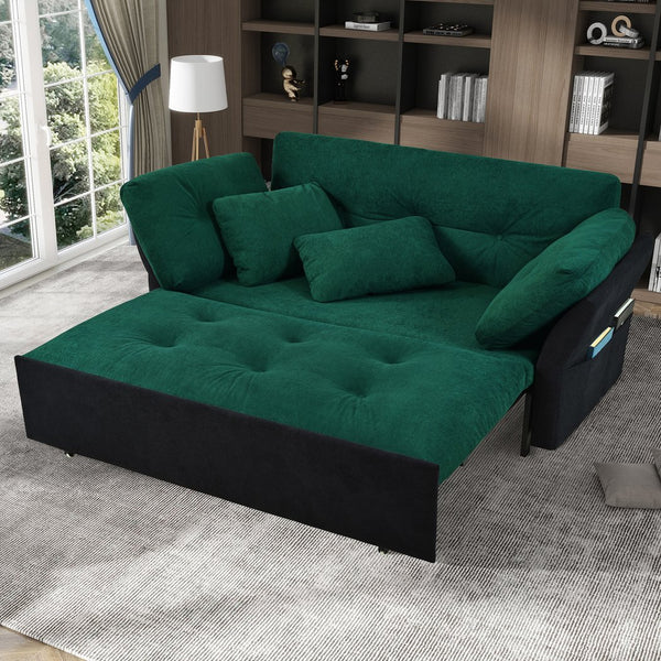 English Elm Convertible Pull Out Sofa Bed Queen Size with Steel Frame, Dual Armrests, Chenille Sleeper Couch with Storage and Casters Black+Green W3163P269679