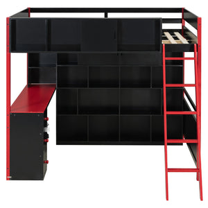 English Elm Full Size Gaming Loft Bed with Led Lighting Desk Drawers and Display Shelving Red LT000263AAJ
