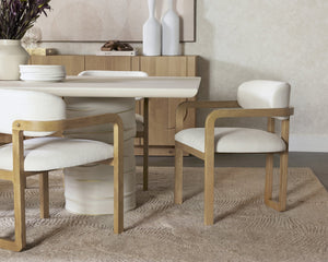 Sunpan Madrone Dining Armchair: Stunning Oak Frame with Luxurious Leather Upholstery for Timeless Elegance Rustic Oak / Heather Ivory Tweed