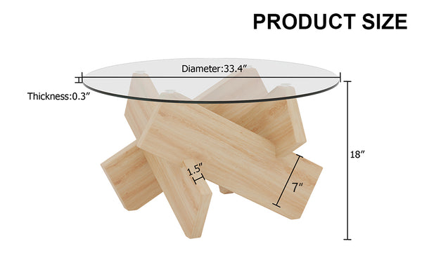 English Elm Circular Tempered Glass Round Coffee Table with Wood Tone Mdf Legs for Modern Living W1151P146792