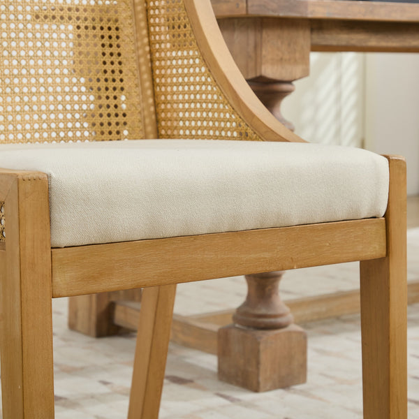 English Elm Rattan Solid Wood Dining Chair with Linen Seat and Decorative Armrests, Rustic Natural Finish Beige W1143P335052