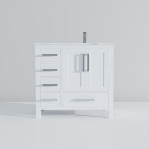 English Elm White 36 in. Bath Vanity with Carrara Marble Right-Offset Top, Soft-Close Drawers & Chrome Faucet Set B2731P259018