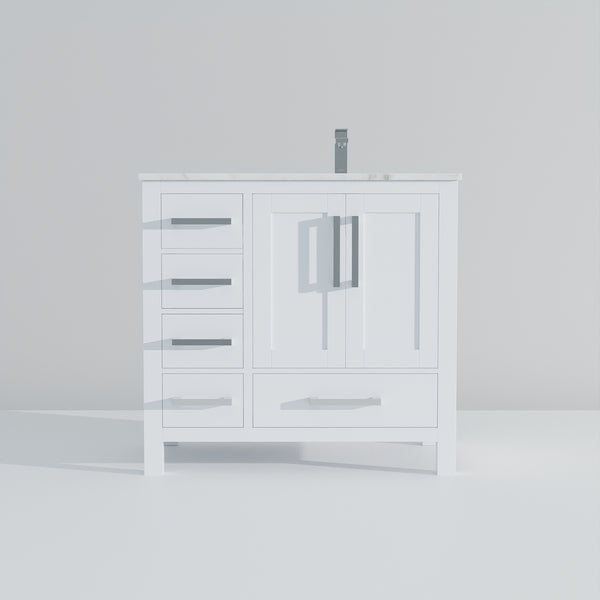 English Elm White 36 in. Bath Vanity with Carrara Marble Right-Offset Top, Soft-Close Drawers & Chrome Faucet Set B2731P259018