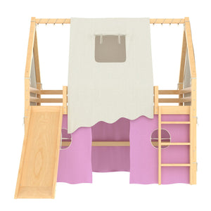 English Elm Full Size Pine Loft Bed with Slide Tent Panels Led Lights and Play Space Below W1580S00291