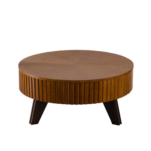 English Elm 31.5" Round Mid-century Coffee Table with Lower Shelf Solid Wood Legs and Mdf Top Natural W757P370290