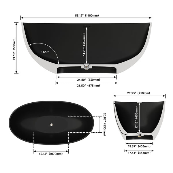 English Elm 55" Freestanding Soaking Tub Eco Stone Resin Matte Finish Spa Inspired Bath T3785P353953