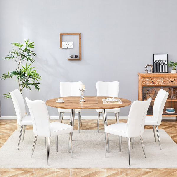 English Elm Table and Six Chair Extendable Dining Set Wood Grain Mdf Top Silver Metal Legs W1151S03963