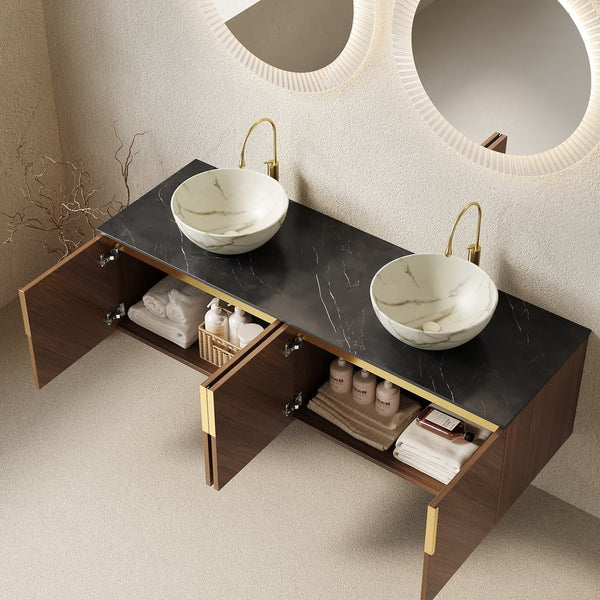English Elm Dina 60 Inch Floating Bathroom Vanity Sintered Stone Top Dual Glass Basins Wood Grain W2615S00548