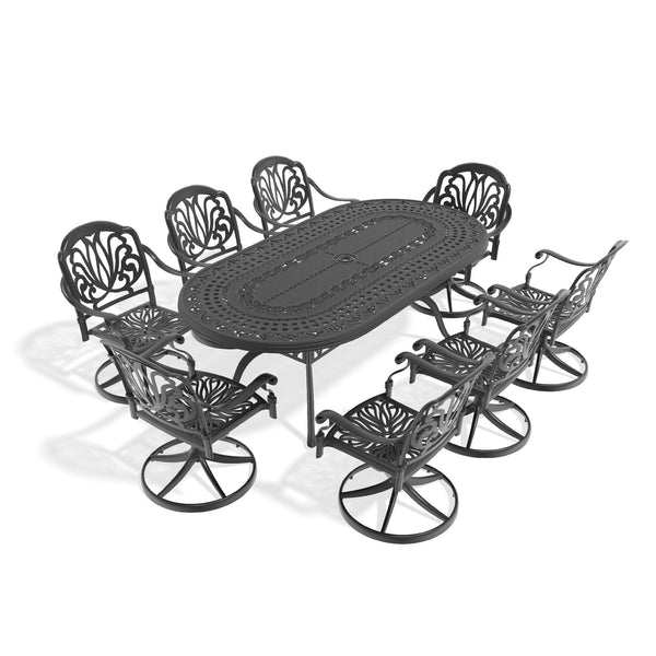 English Elm 9-piece Cast Aluminum Outdoor Dining Set Oval Table Swivel Chairs Carved Floral W1710S00660