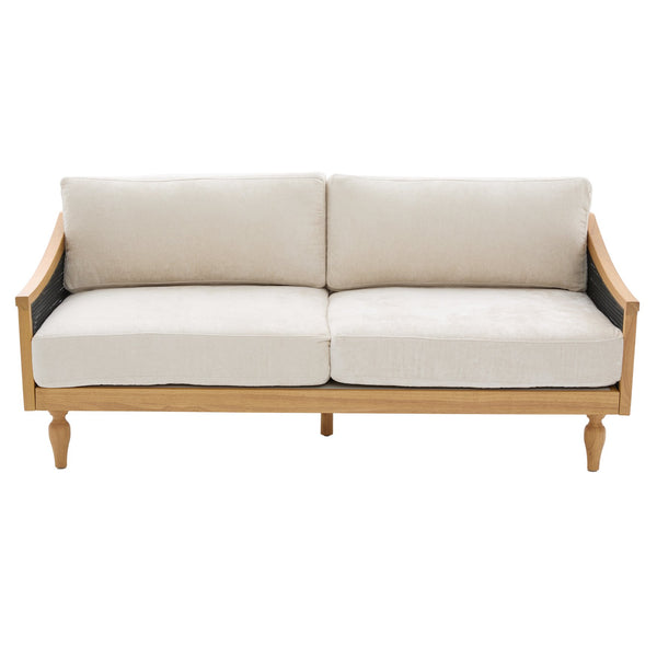 English Elm Mid-century Loveseat with Rattan Armrests Chenille Upholstery and Rubberwood Legs N763P379762Z