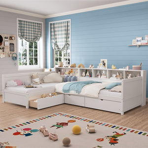 English Elm Twin Corner Daybed with Storage Drawers Bookshelf Wood L-shape Frame for Small Rooms White N733S369272K