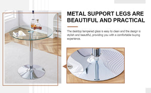 English Elm A glass tabletop 35" Round Dining Table with Electroplated Silver Legs, Minimalist Chic for 4-6 Guests W1151P155921