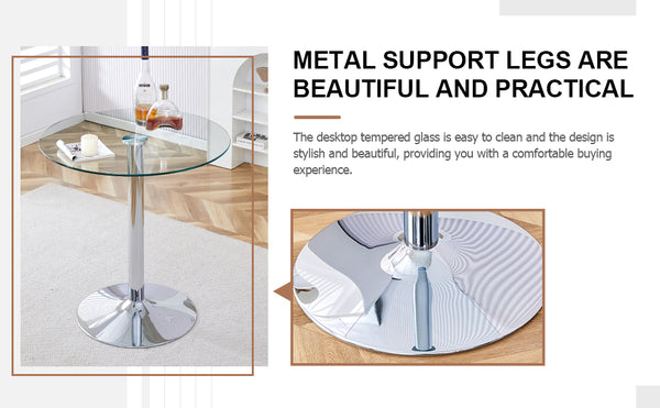 English Elm A glass tabletop 35" Round Dining Table with Electroplated Silver Legs, Minimalist Chic for 4-6 Guests W1151P155921