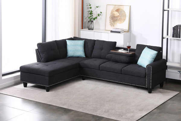 English Elm Black Faux Leather L Shaped Sectional with Cup Holders Nailhead Trim Storage Charcoal Grey B2730S00029