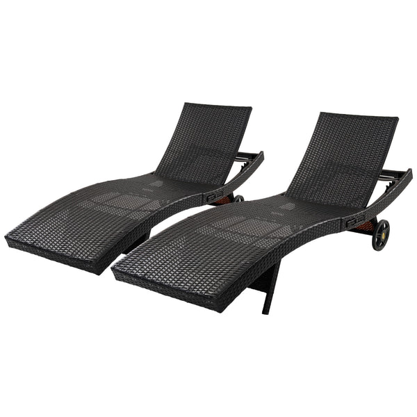 English Elm K&k Outdoor Wicker Reclining Chaise Set 2 Piece with Pull Out Tray Rolling Wheels Black+Brown N707P395515D