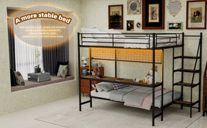 English Elm Full Over Twin Metal Bunk Bed with Desk Led Strip Shelves for Teen Dorm Rooms Antique Black W1935S00009
