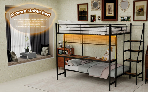English Elm Full Over Twin Metal Bunk Bed with Desk Led Strip Shelves for Teen Dorm Rooms Antique Black W1935S00009