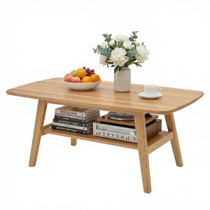 English Elm Mid Century Modern Solid Oak Two Tier Coffee Table with Open Shelf for Living Room Wood W3204P469106