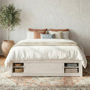 English Elm Queen Platform Bed with Four Storage Drawers Footboard Cubby Modern Low Profile Frame White LP000138AAK