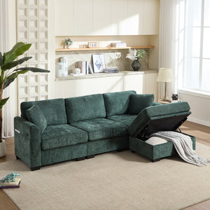 English Elm Modern Chenille L-shaped Sectional with Usb Charging Ottoman Storage Living Room Couch Green W2120S00017