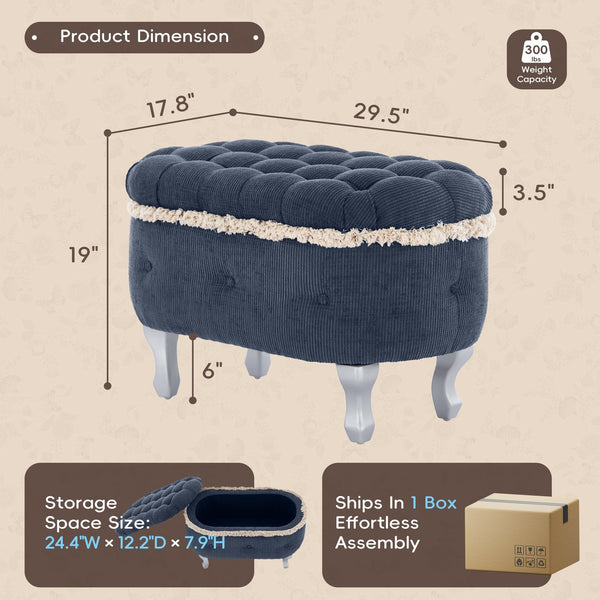 English Elm Christopher Knight Home® - 29.5'' Storage Bench with Button-Tufted Fabric, Tassel-Trim Ottoman with Hidden Compartment for Bedroom Blue 30.25 L x 18.5 W x 14 H N761P335817C