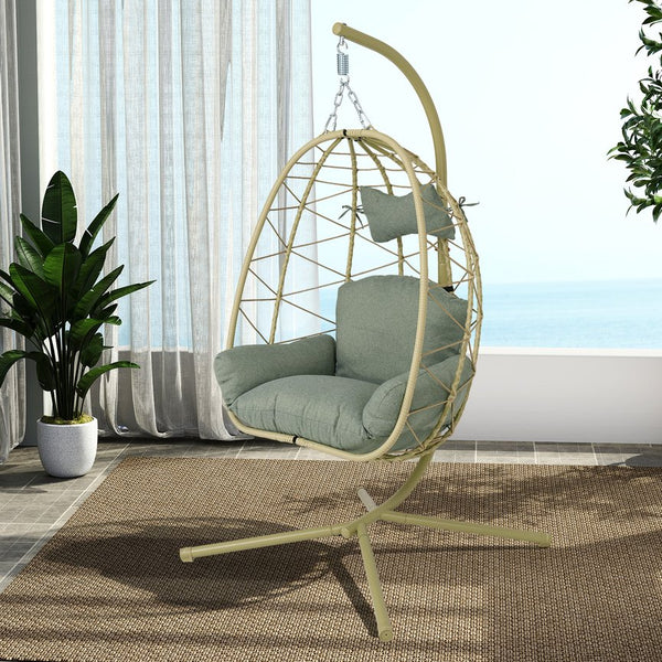 English Elm Hanging Egg Chair Wicker Swing with Stand Cushion Patio Balcony Ergonomic Cradle T5880P497574