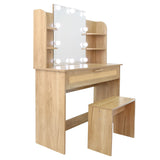 English Elm Vanity Desk Set Stool & Dressing Table With Led Lighting Mirror Drawer and Compartments Modern Wood Cosmetic Table Chest Of Drawers Nature Color