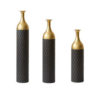 English Elm Black Black and Gold Metal Vase Set of 3 Tall Cylinder Floor Vases – Glam Textured Wedding & Home Décor W2796P278078