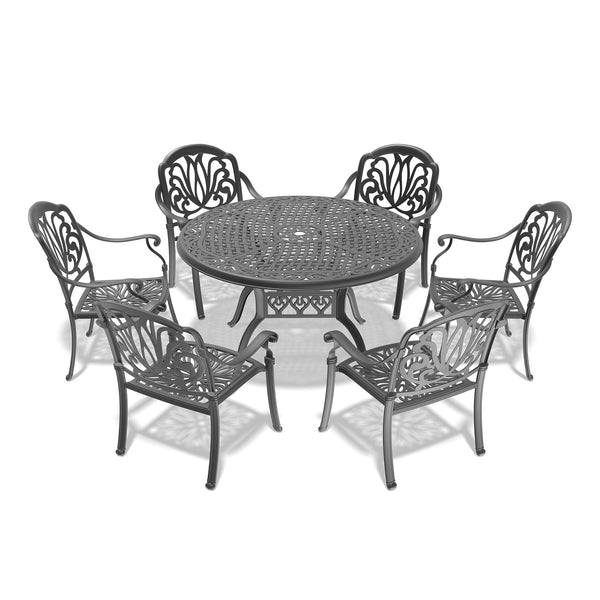 English Elm 7-piece Cast Aluminum Outdoor Dining Set Ornate Floral Patio Furniture Seats Six W1710S00621