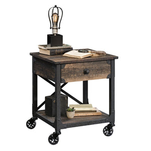 English Elm Side Table With Rolling Casters - Brown Industrial Finish, Spacious Top & Smart Storage Solution B356P367951-GIGA