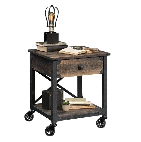 English Elm Side Table With Rolling Casters - Brown Industrial Finish, Spacious Top & Smart Storage Solution B356P367951-GIGA