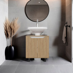English Elm Under Sink Storage Cabinet with 2 Doors and Shelves — Sleek Oak & Black Wengue Finish for Bathrooms Natural 27.56 L x 25.59 W x 5.12 H B097P395899