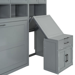 English Elm Twin Murphy Wall Bed with Integrated Closet Drawers and Desk for Studio Spaces Gray LP000595AAE-1