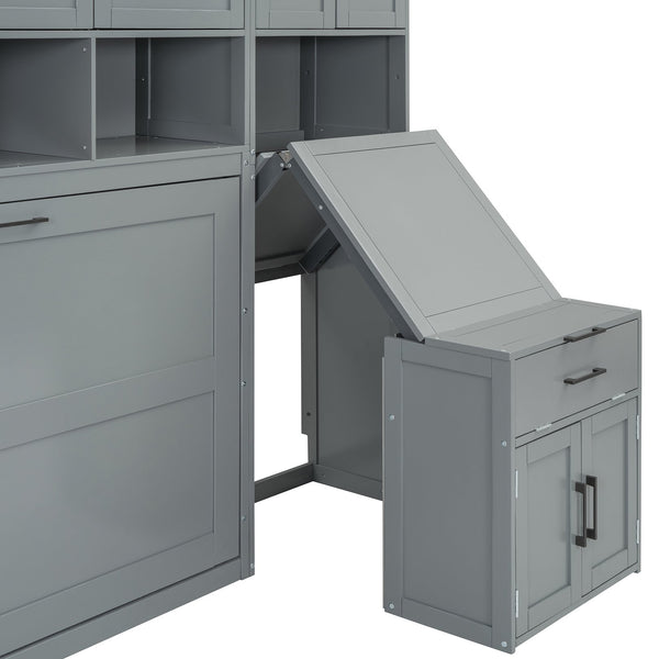 English Elm Twin Murphy Wall Bed with Integrated Closet Drawers and Desk for Studio Spaces Gray LP000595AAE-1