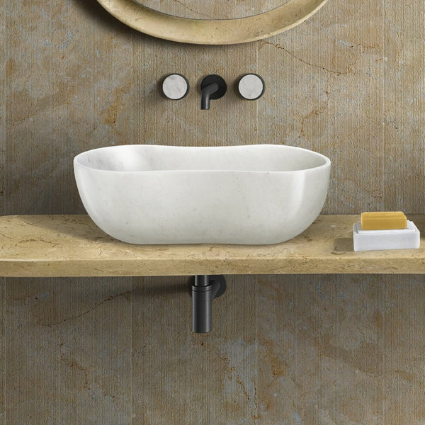 English Elm White Natural Marble Vessel Sink - Handcrafted Elegance With Semi-Polished Finish For Luxurious Bathrooms W1696P333269-GIGA