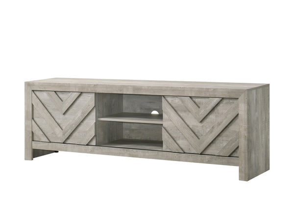 English Elm 1pc Rustic Geometric Chevron Entertainment Console TV Stand with Washed Wood Finish and Ample Storage Spaces Gray 70.16 L x 20.47 W x 31.42 H B2741P295483