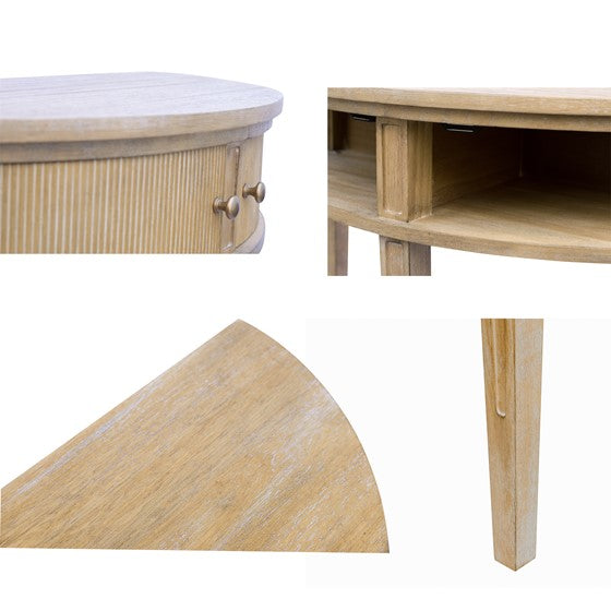 English Elm Storage Console Table Reclaimed Wheat 36" — Vintage Demilune Entry Accent w/ Fluted Doors & Bronze Knobs B035P148426