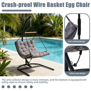English Elm Hanging Egg Chair with Steel Stand Tufted Cushion Resort Style Patio Swing Seat T5880P492680