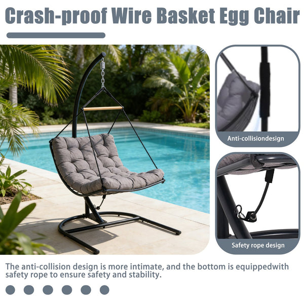 English Elm Hanging Egg Chair with Steel Stand Tufted Cushion Resort Style Patio Swing Seat T5880P492680