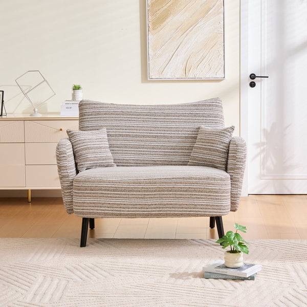 English Elm Modern tufted two-seater sofa with boucle upholstery, tapered legs, storage pockets and plush comfort for small spaces and offices khaki W395P376587